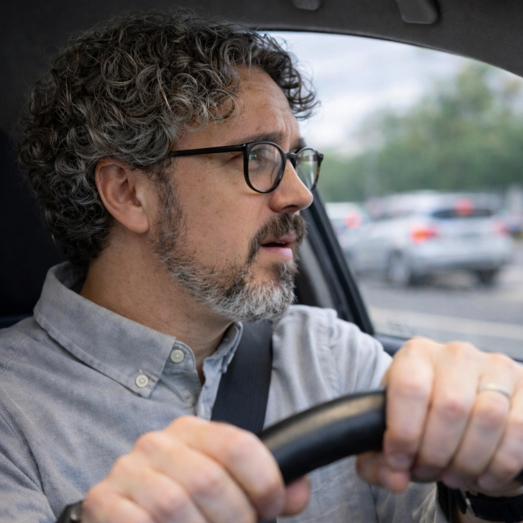 A man gripping the steering wheel in traffic, tense and watchful