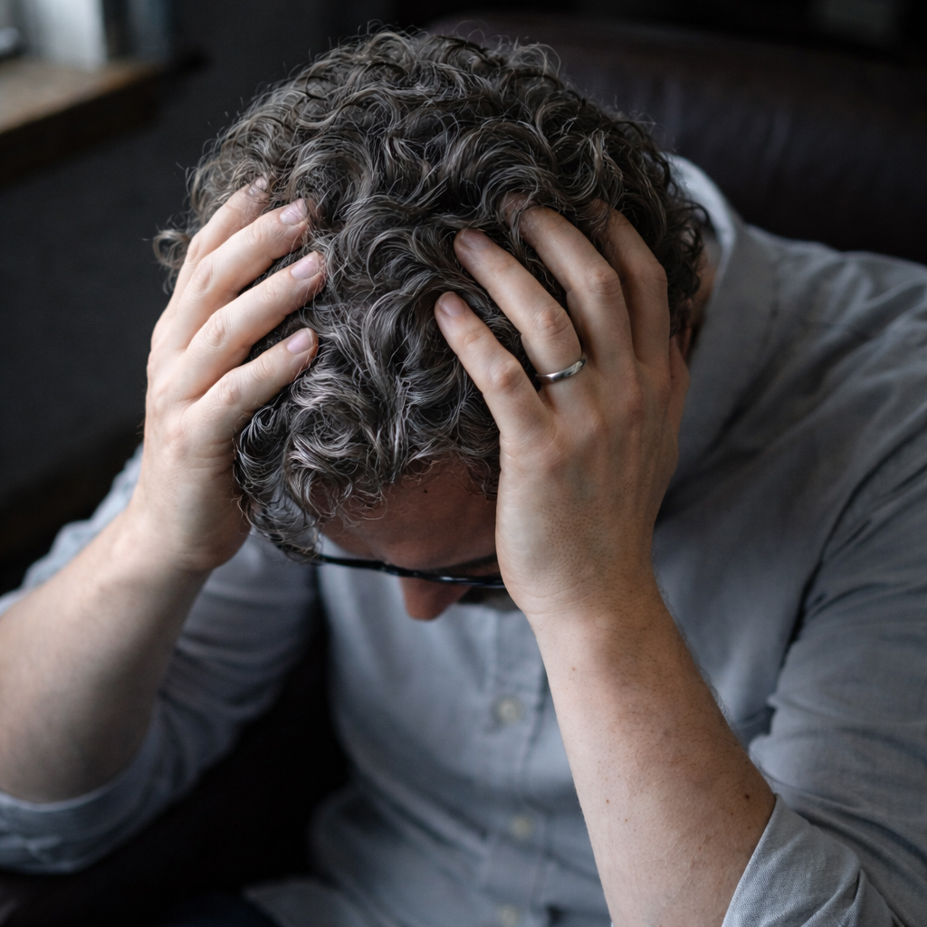 A man sitting with his head in his hands